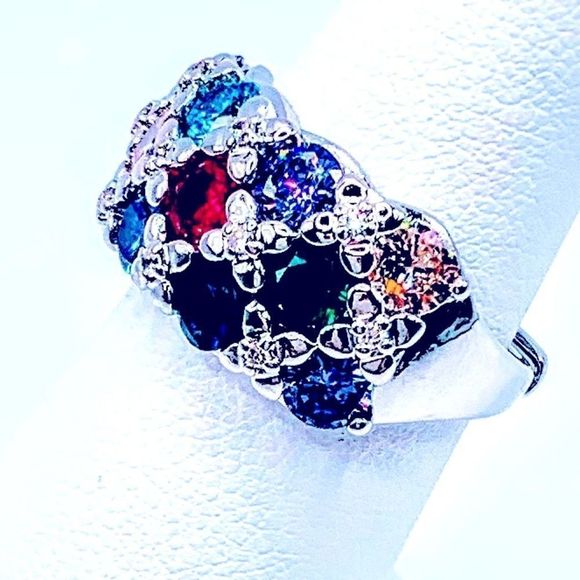 NEW! COLORFUL RAINBOW 🌈 FLORAL AUSTRIAN CRYSTAL S925 ADJUSTABLE RING! - Picture 9 of 13